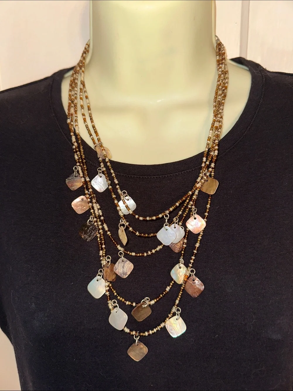 Boho Multi-Strand Shell & Bead Necklace in Brown and Iridescent White & Bronze